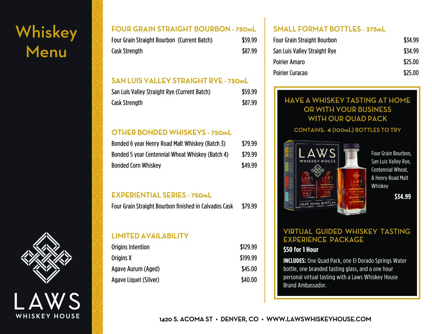 Laws Whiskey bottle sales are back  MENU UPDATE