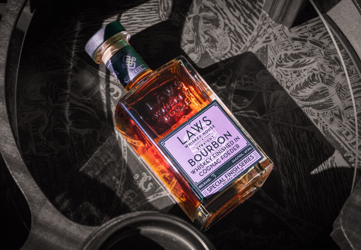 Crafted in Colorado with French Influence: Laws Four Grain Bourbon Whiskey finished in a Cognac Foeder