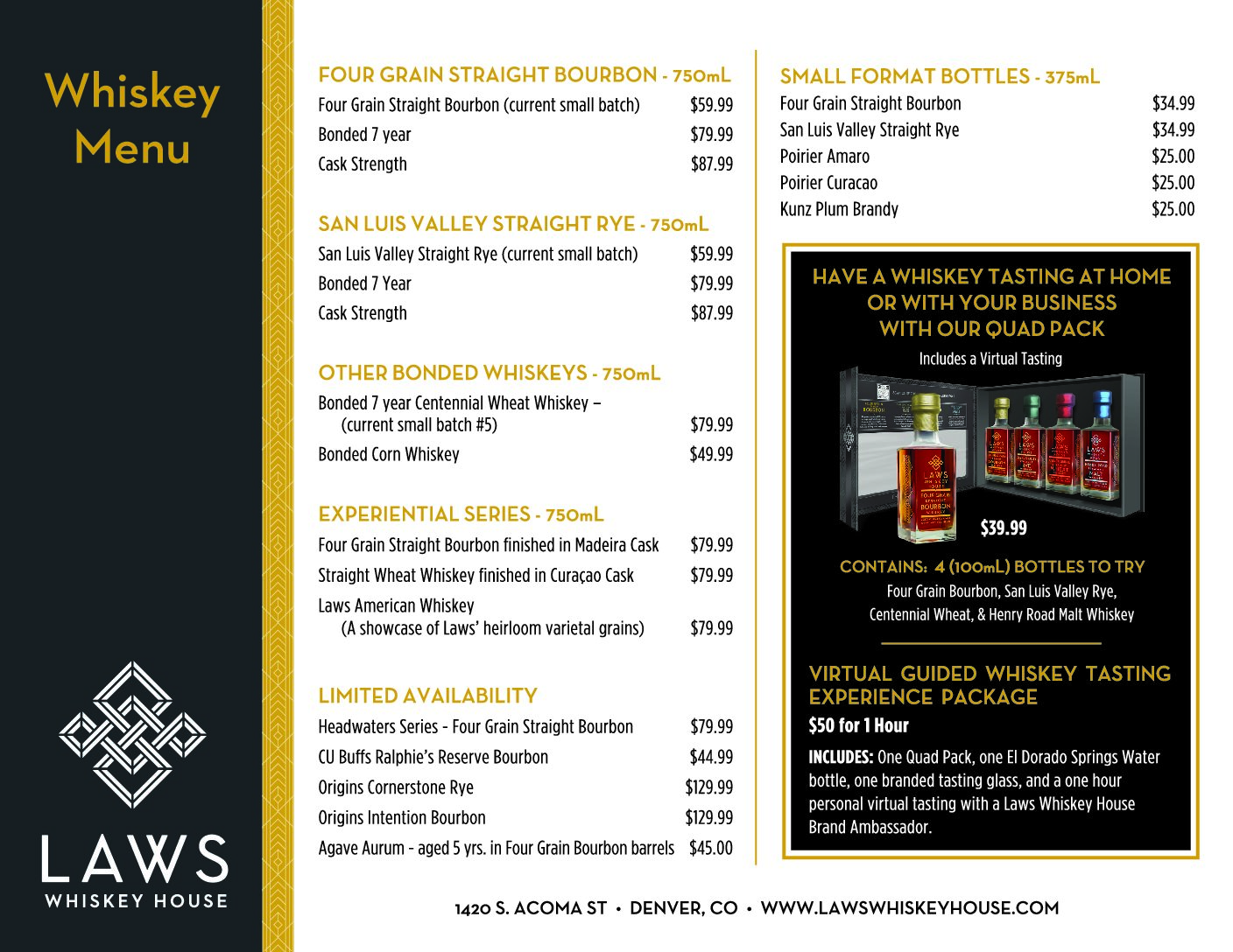 Laws Whiskey House bottle sales MENU